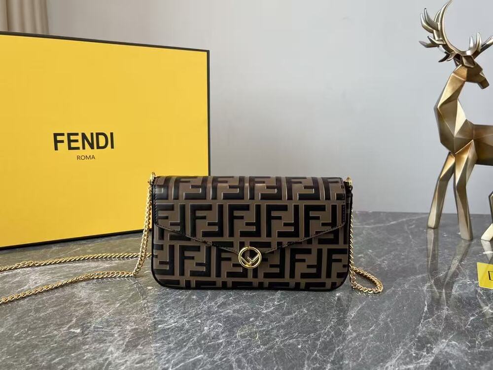 Fendi Zucca FF Monogram Brown Canvas Wallet On Chain WOC Clutch with Box